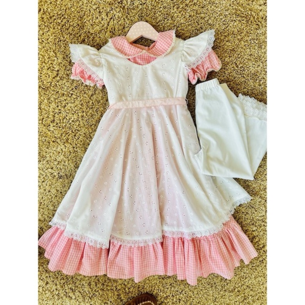 Vintage Handmade Easter Pinafore W/ Bloomers 3 Pc Dress Girls 6-8 Pink Gingham - Picture 14 of 16